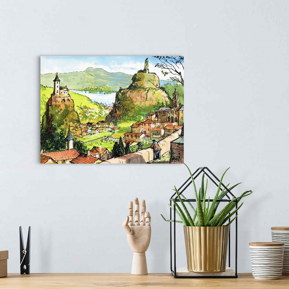 A bohemian room featuring Countryside scene with a church on the rock opposite a statue on a hill