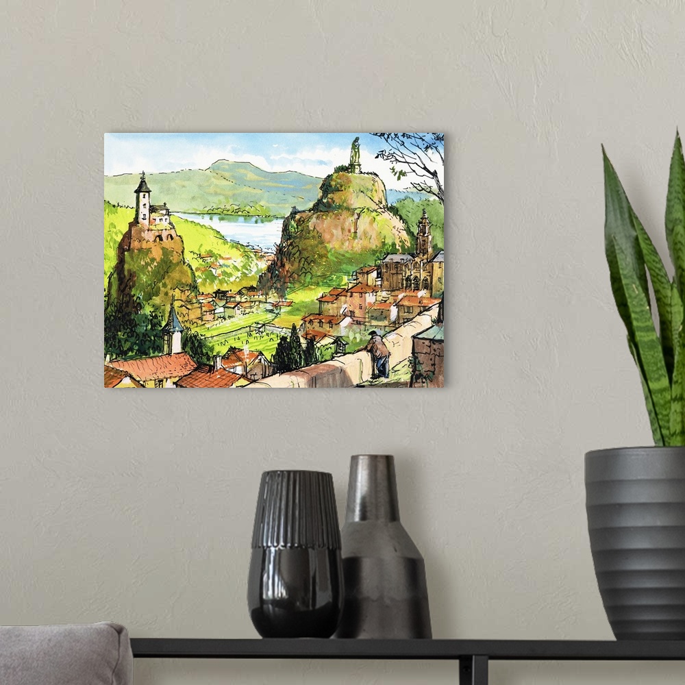 A modern room featuring Countryside scene with a church on the rock opposite a statue on a hill