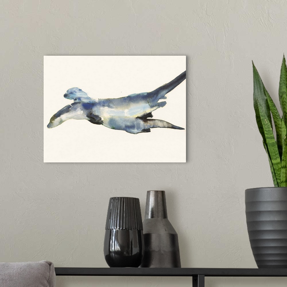 A modern room featuring Contemporary wildlife painting of two river otters swimming.