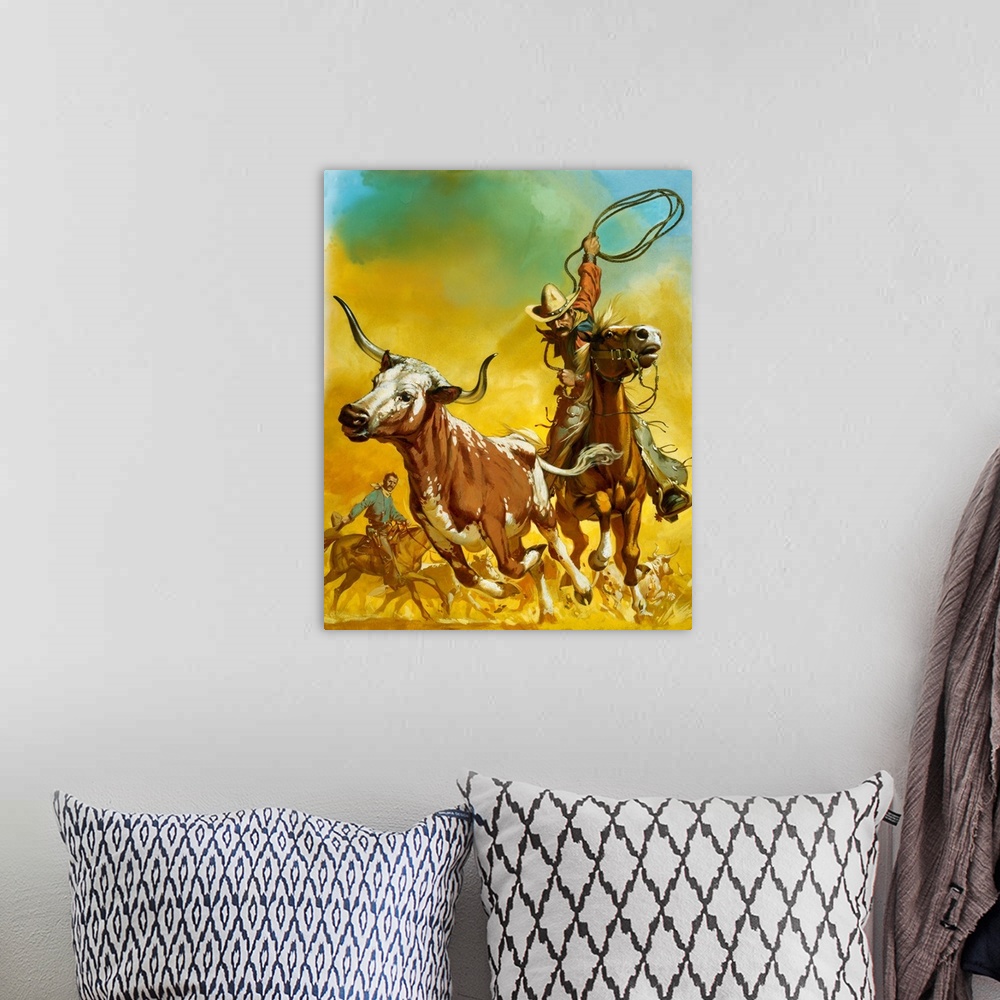 A bohemian room featuring Cowboy lassoing cattle.