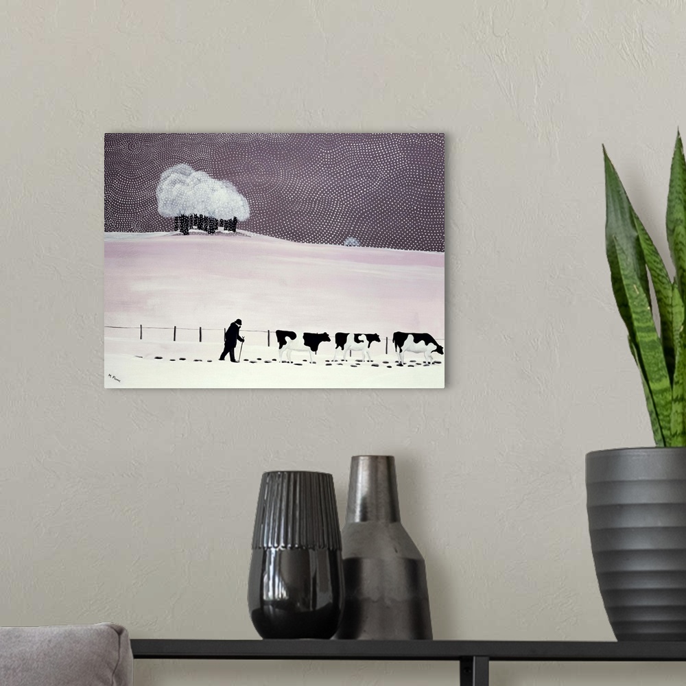 A modern room featuring Cows in a snowstorm