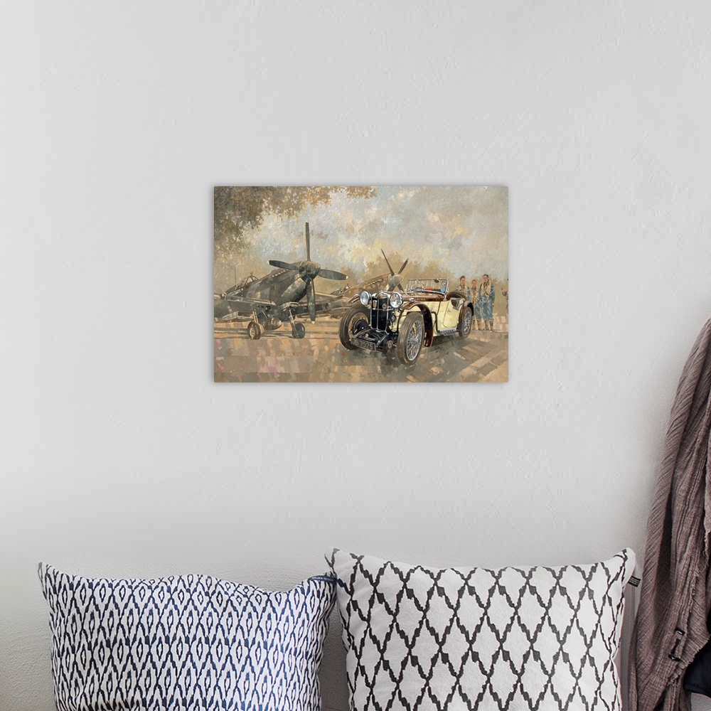 A bohemian room featuring Artwork of a classic car that is parked in front of two military aircrafts as the pilots stand be...