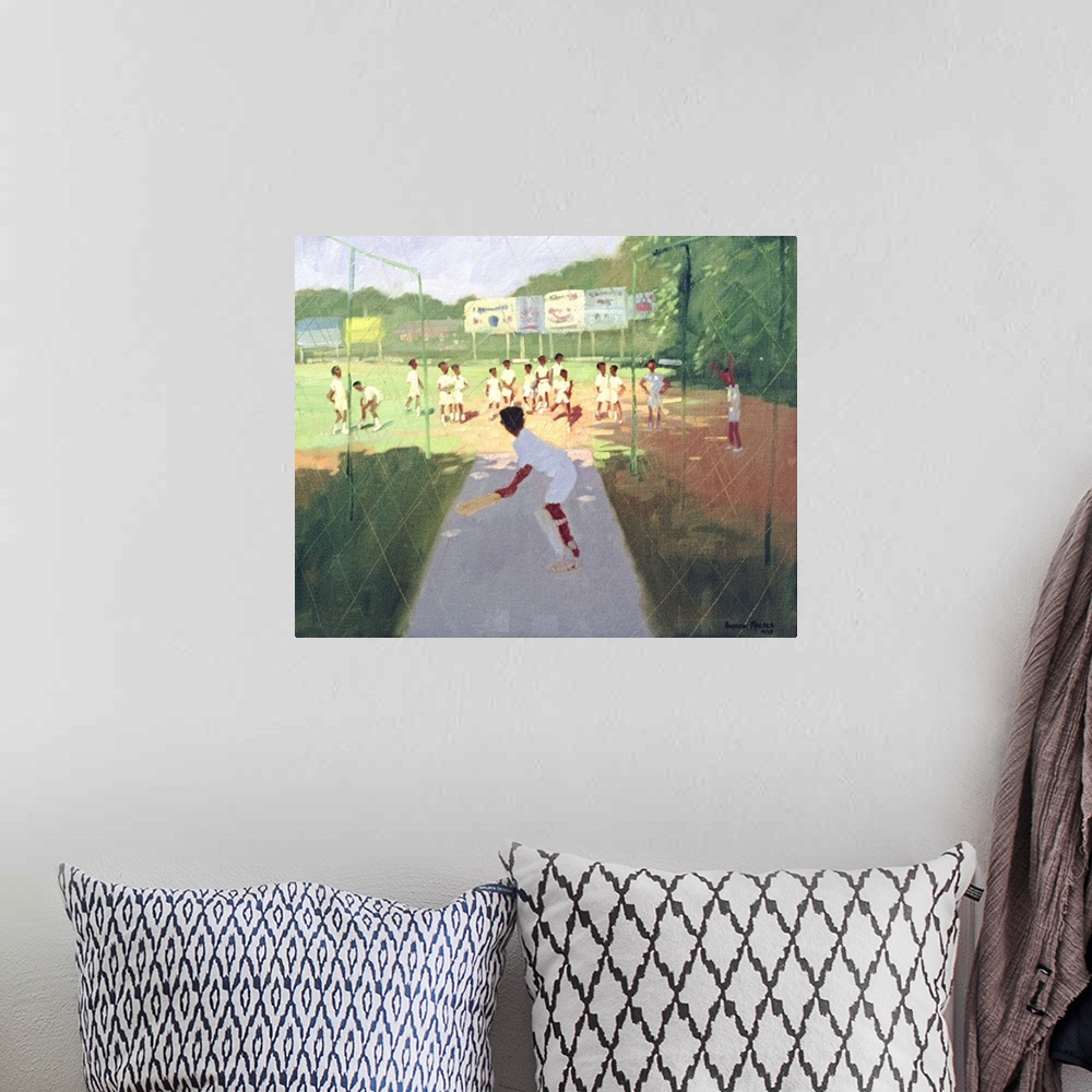 A bohemian room featuring Contemporary painting of schoolchildren playing cricket.
