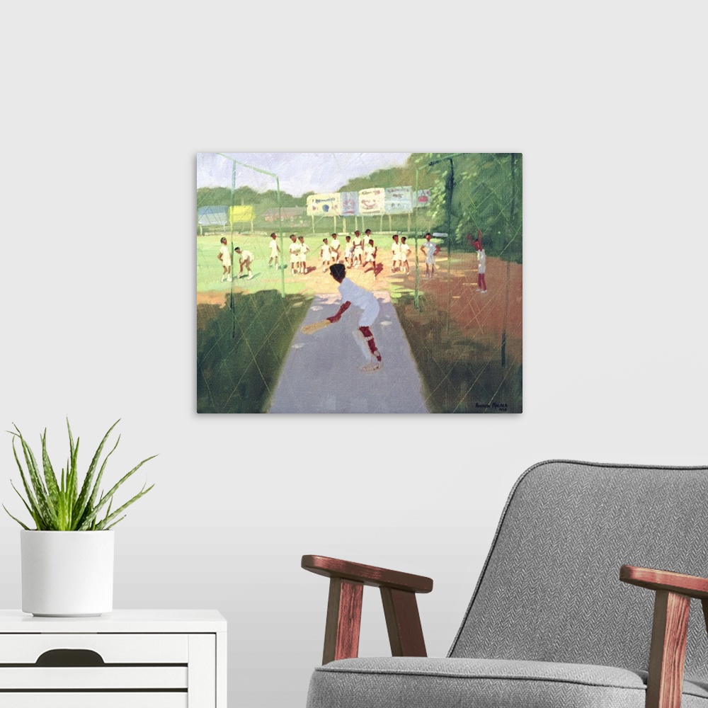 A modern room featuring Contemporary painting of schoolchildren playing cricket.
