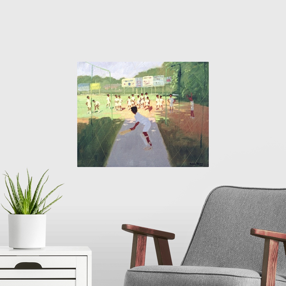 A modern room featuring Contemporary painting of schoolchildren playing cricket.