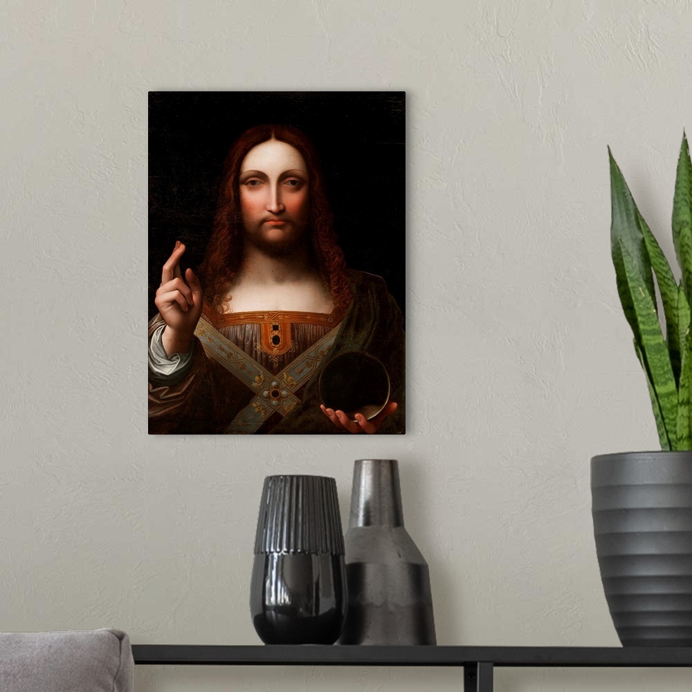 A modern room featuring Cristo Salvator Mundi