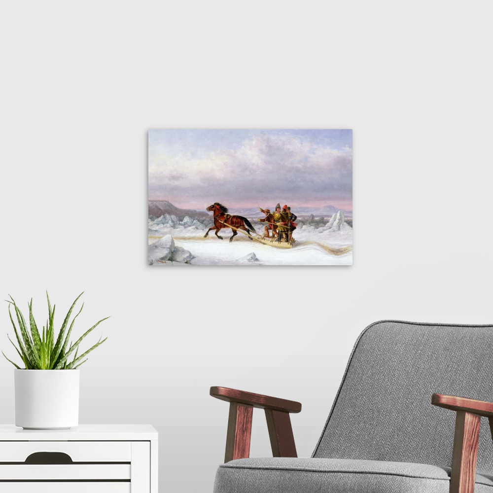 A modern room featuring BAL43348 Crossing the St. Lawrence from Levis to Quebec on a Sleigh (oil)  by Krieghoff, Corneliu...