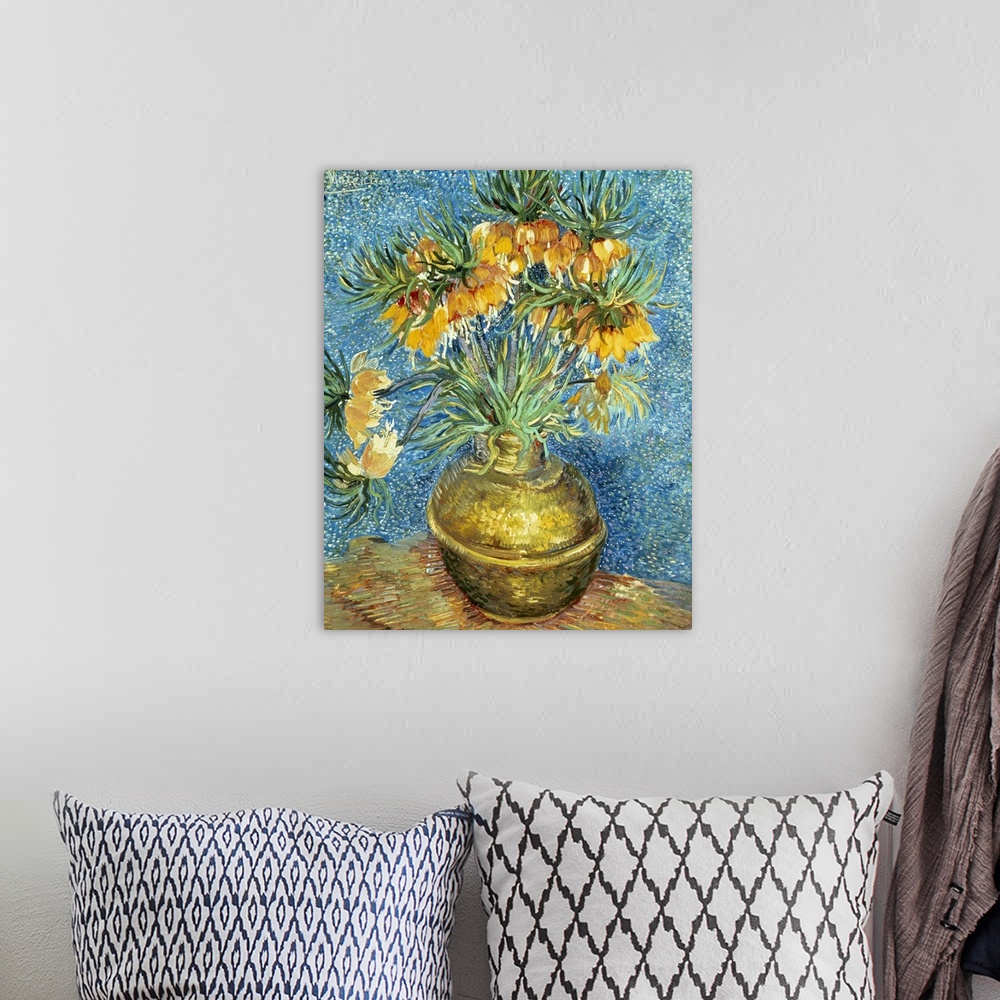 A bohemian room featuring Vertical, classic art painting in thick brushstrokes of a bouquet of drooping yellow flowers in a...