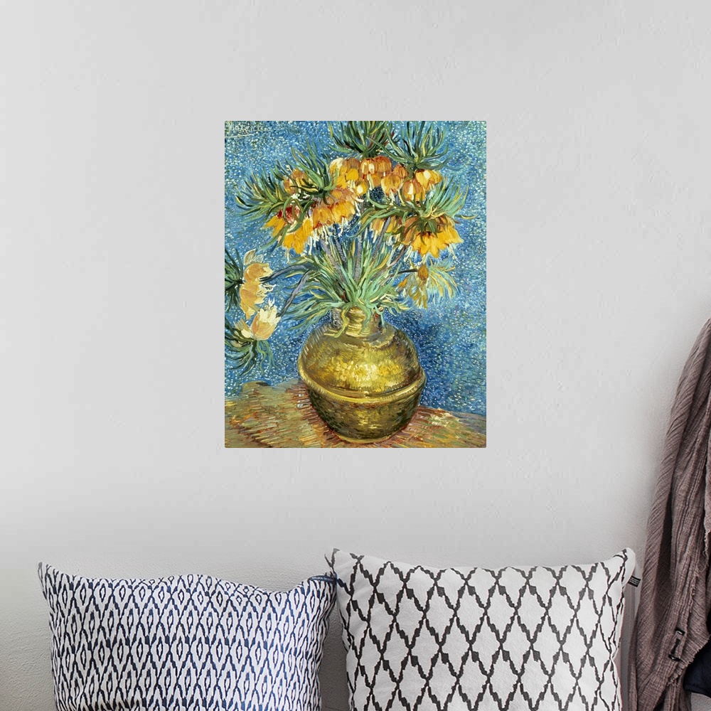 A bohemian room featuring Vertical, classic art painting in thick brushstrokes of a bouquet of drooping yellow flowers in a...
