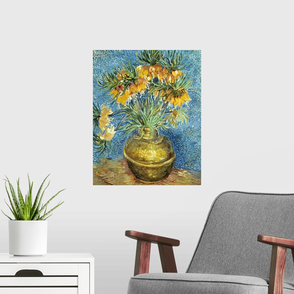 A modern room featuring Vertical, classic art painting in thick brushstrokes of a bouquet of drooping yellow flowers in a...