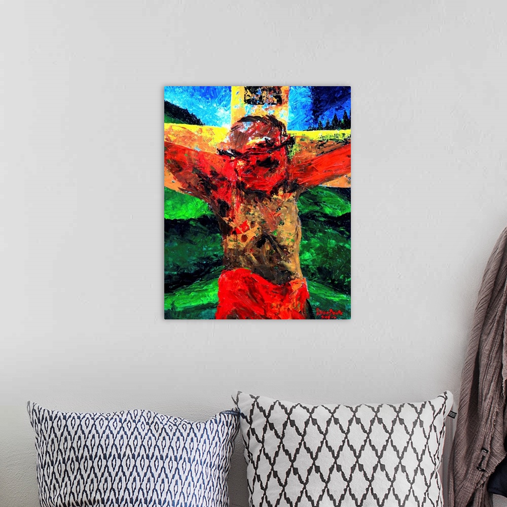 A bohemian room featuring Contemporary religious painting of Christ on the cross.