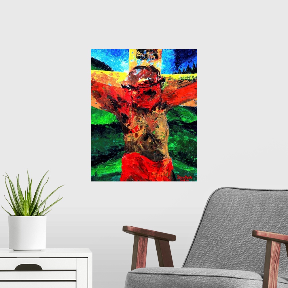 A modern room featuring Contemporary religious painting of Christ on the cross.
