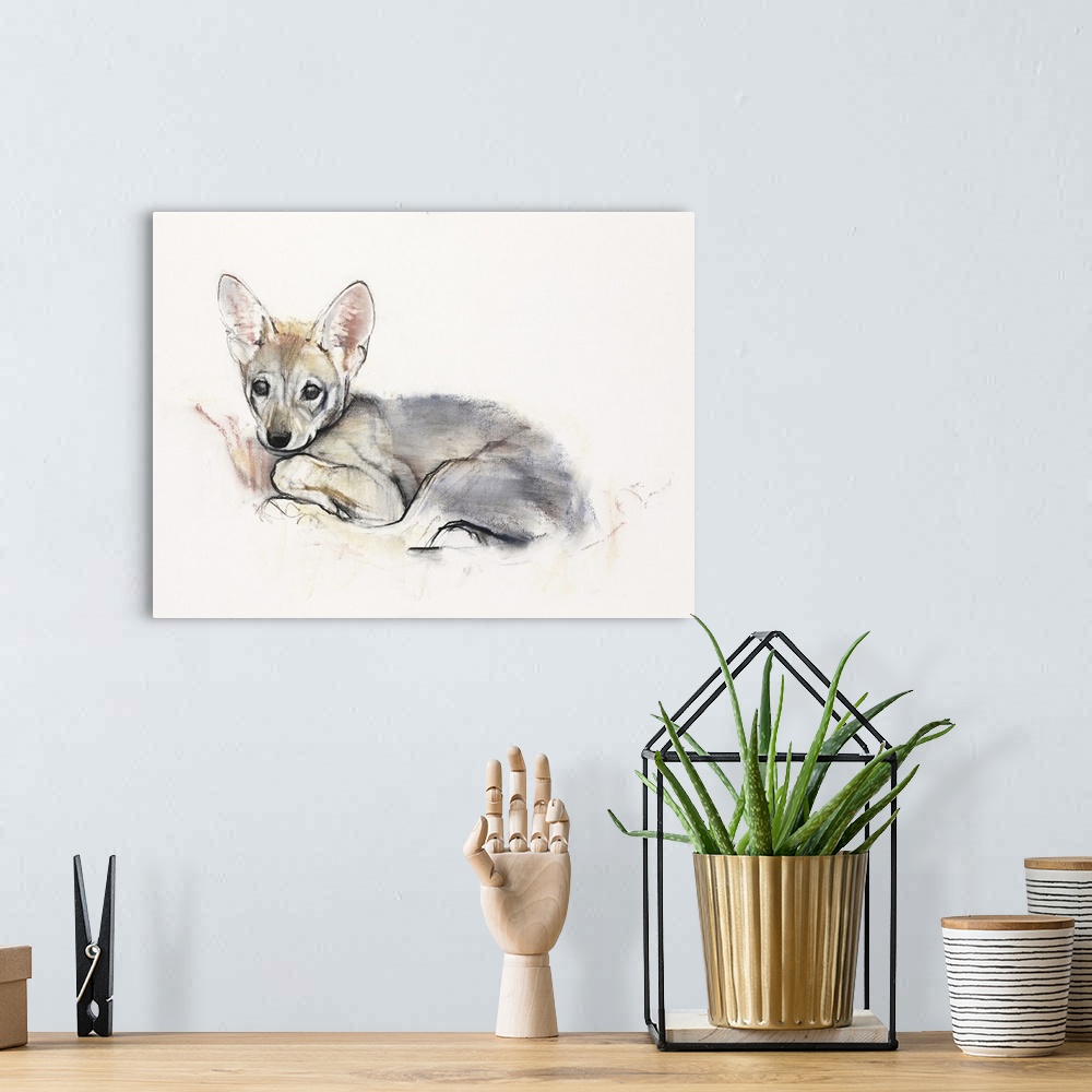 A bohemian room featuring Contemporary wildlife painting of an Arabian Wolf cub.