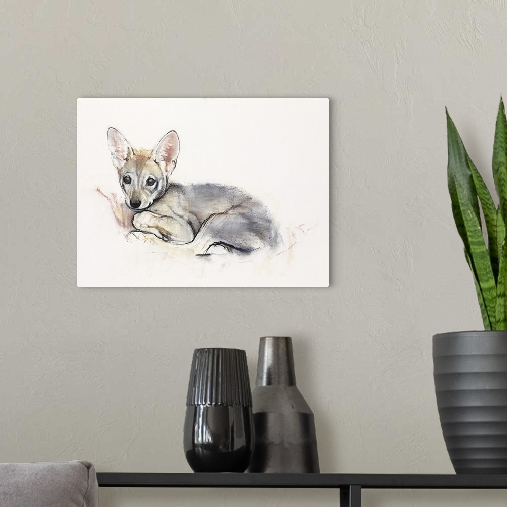 A modern room featuring Contemporary wildlife painting of an Arabian Wolf cub.