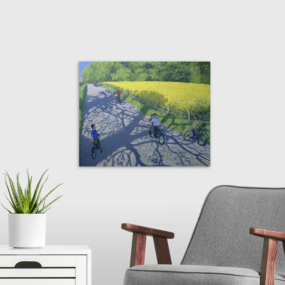 A modern room featuring Oil painting of kids on bikes riding down a path lined with a brightly colored flower meadow with...