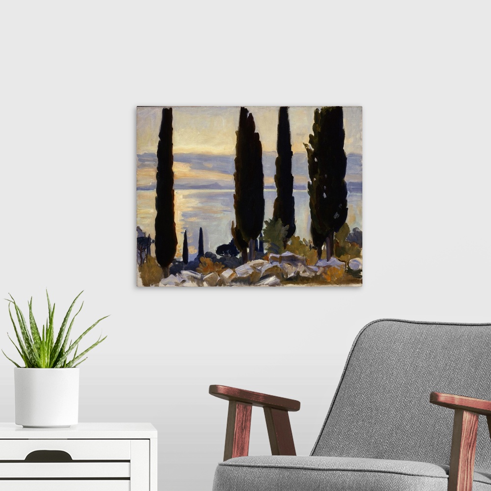 A modern room featuring Originally oil on canvas mounted on masonite.
