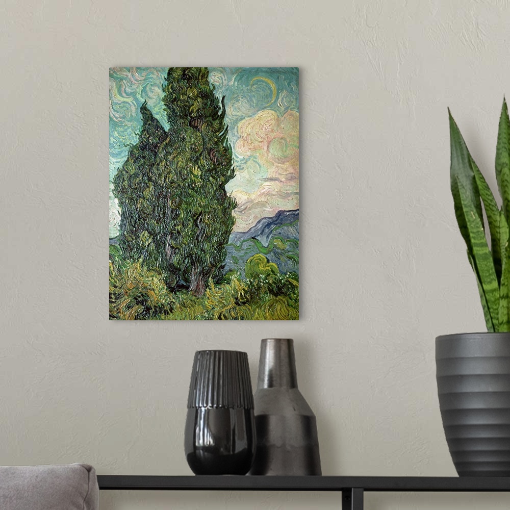 A modern room featuring Oil painting of huge tree with mountains and clouds in the distance.  The painting consists of sw...