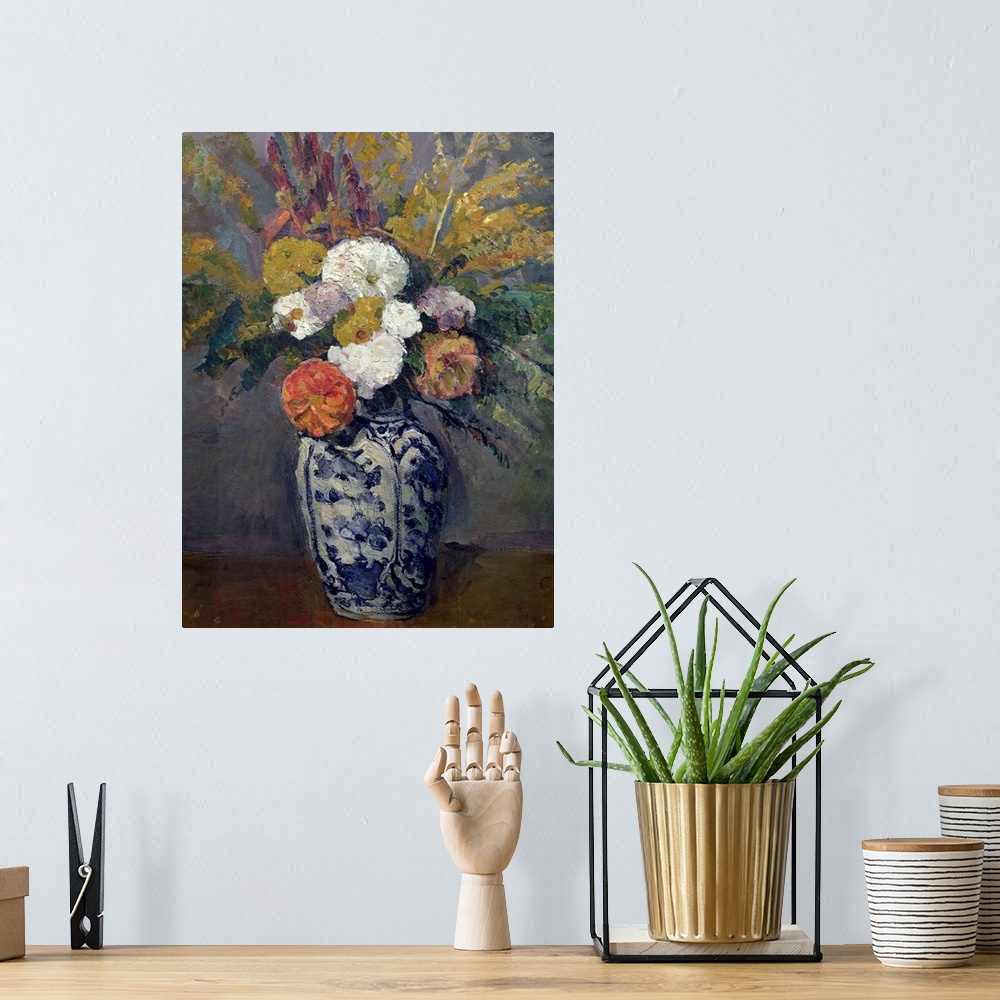 A bohemian room featuring A painting by a classic art master, this is a vertical still life of fresh cut flowers in a blue ...
