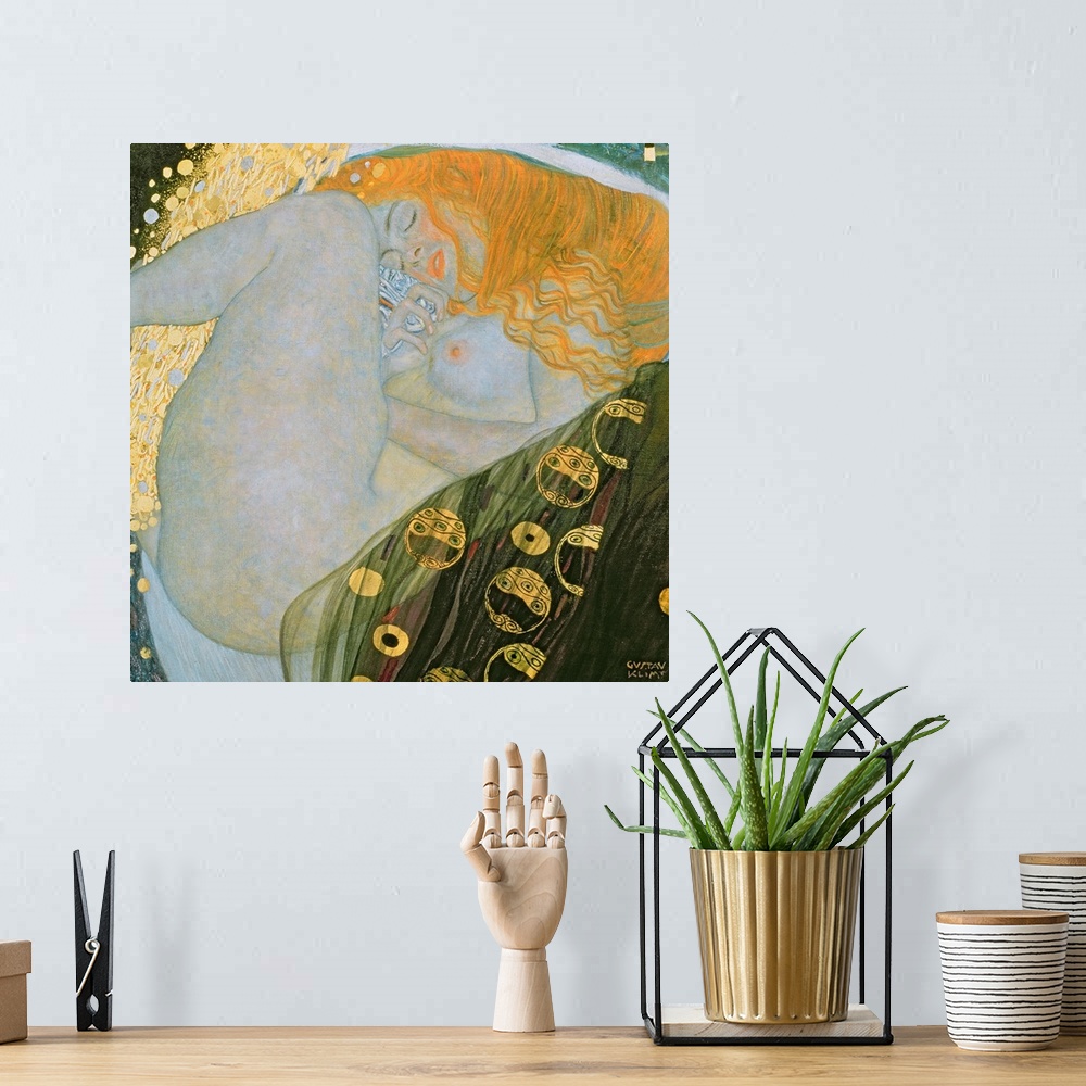 A bohemian room featuring Big classic art portrays a nude woman sleeping while in a curled position.  Surrounding the femal...