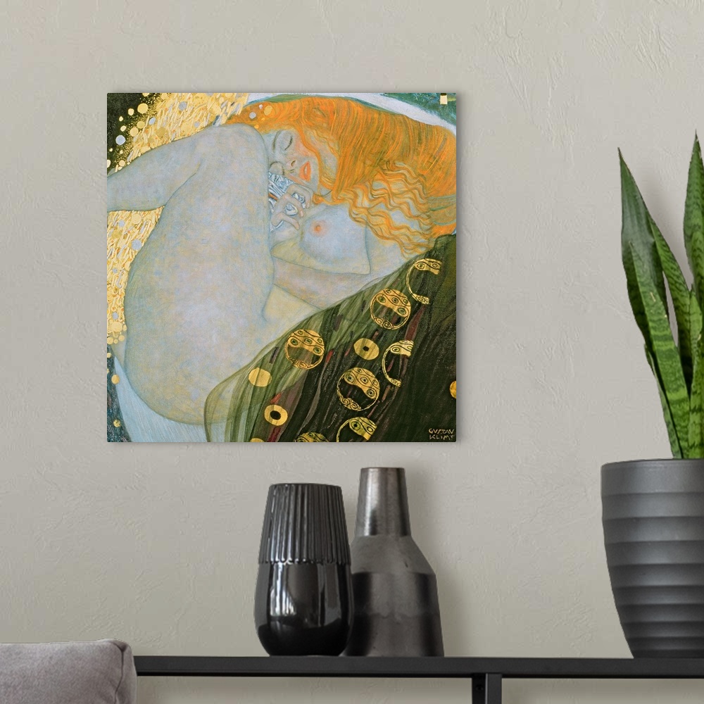 A modern room featuring Big classic art portrays a nude woman sleeping while in a curled position.  Surrounding the femal...
