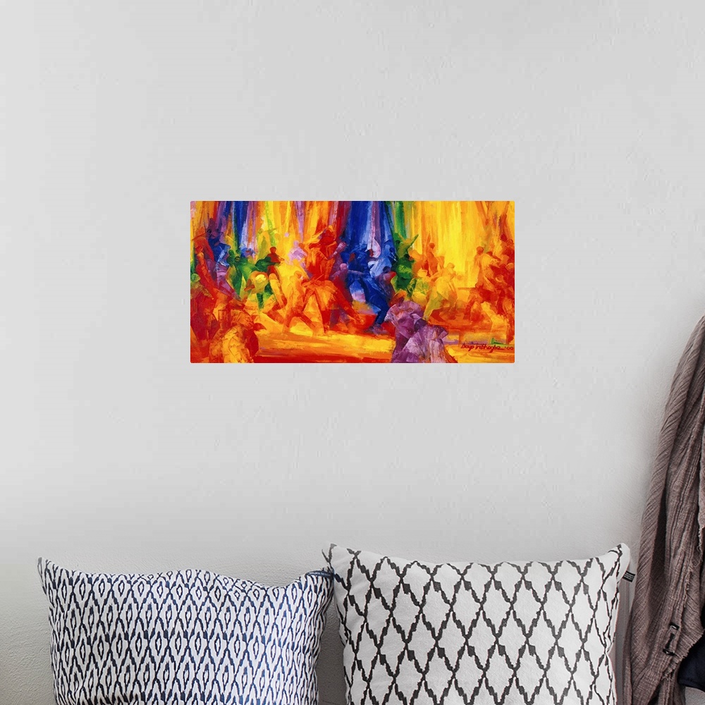 A bohemian room featuring Large contemporary canvas art showing a number of dancers that are represented in a variety of vi...
