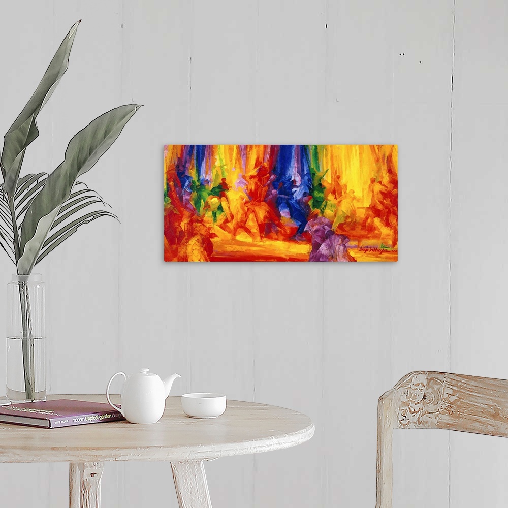 A farmhouse room featuring Large contemporary canvas art showing a number of dancers that are represented in a variety of vi...