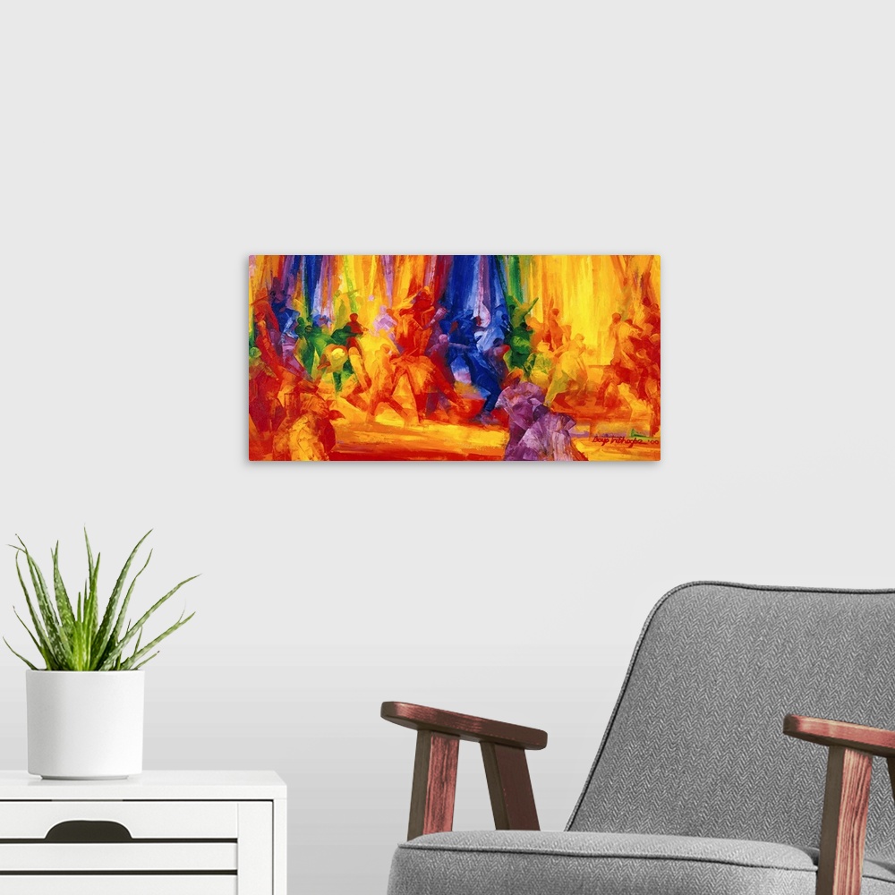 A modern room featuring Large contemporary canvas art showing a number of dancers that are represented in a variety of vi...