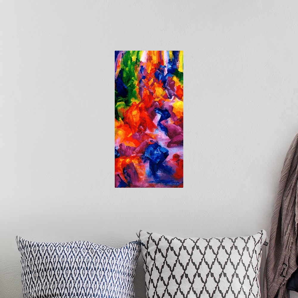 A bohemian room featuring A vertical painting of people dancing at a nightclub as abstracted colors and shapes.