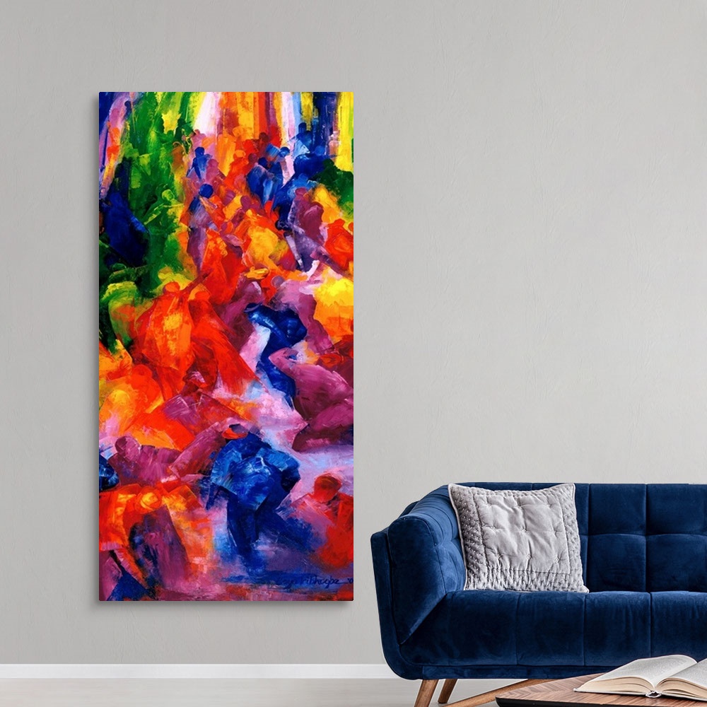 A modern room featuring A vertical painting of people dancing at a nightclub as abstracted colors and shapes.