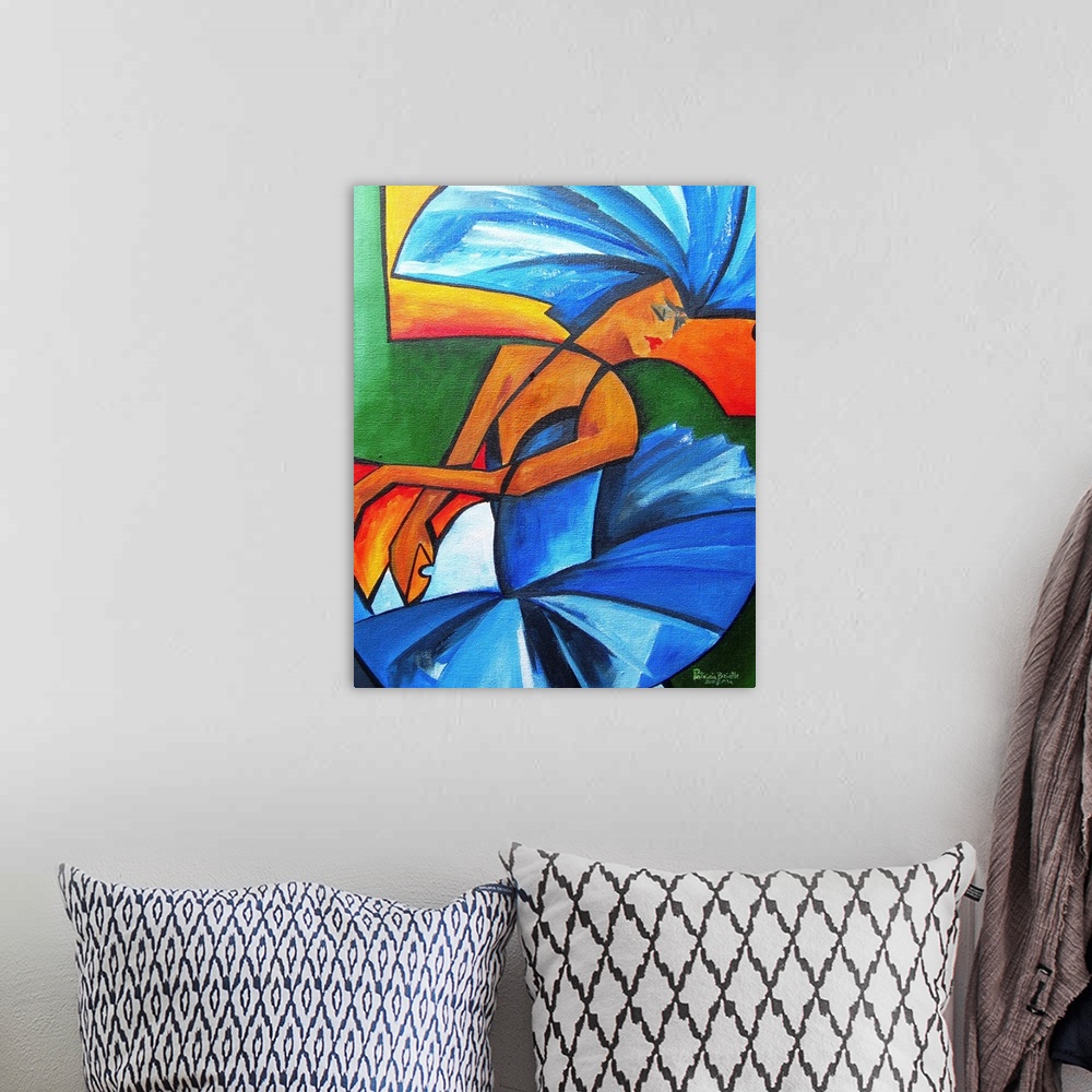 A bohemian room featuring Contemporary abstract painting of a dancer in a blue costume.
