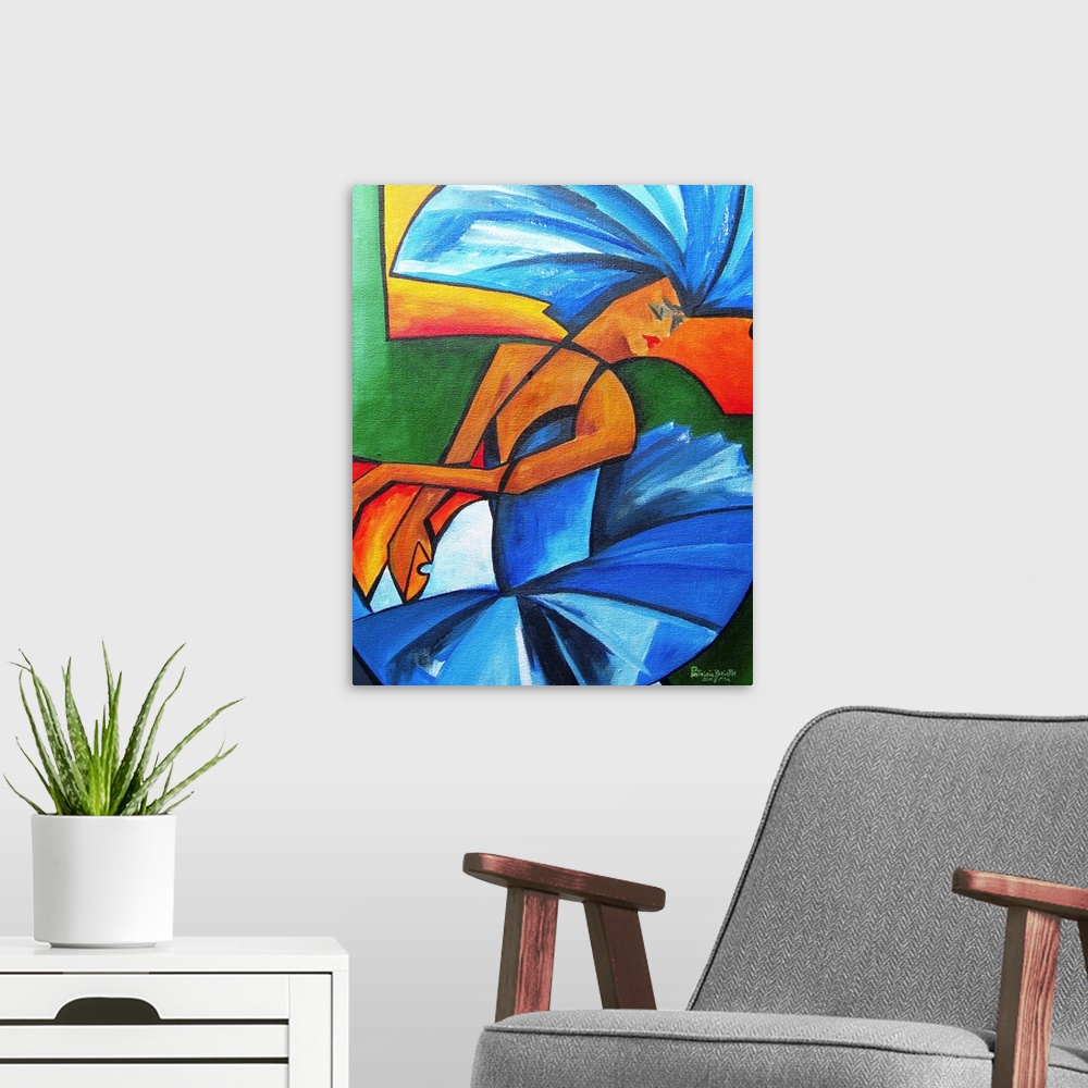 A modern room featuring Contemporary abstract painting of a dancer in a blue costume.