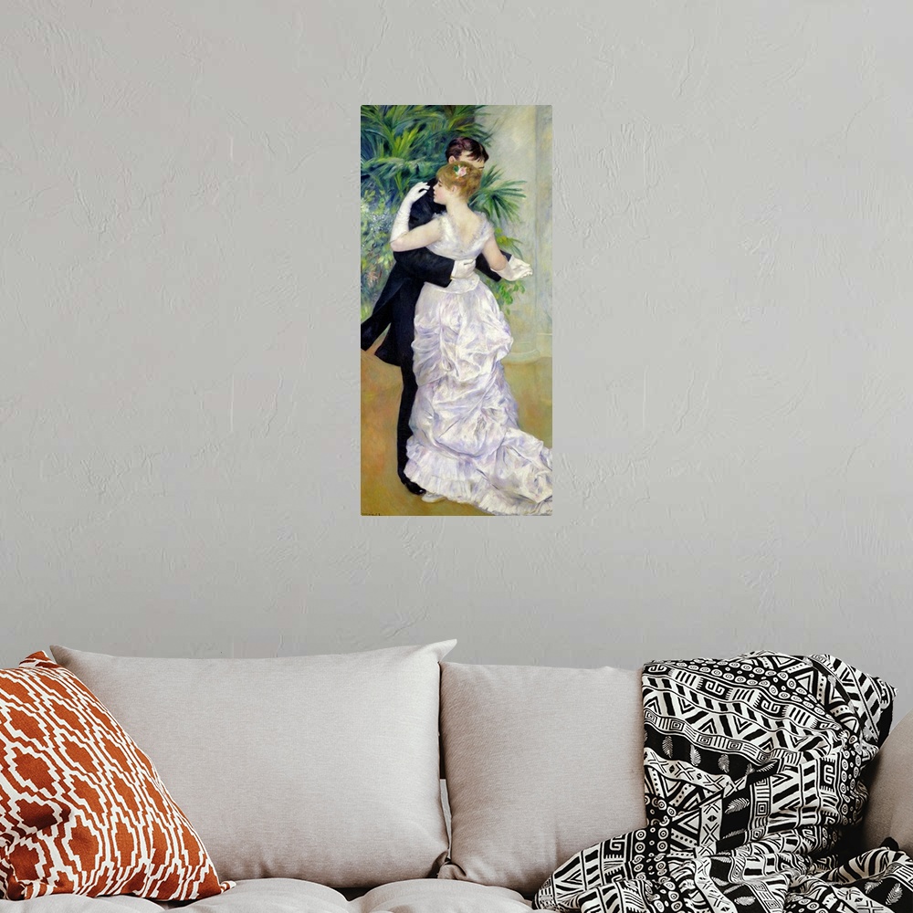 A bohemian room featuring Big, vertical classic painting of a bride and groom dancing in front of greenery and pillars.