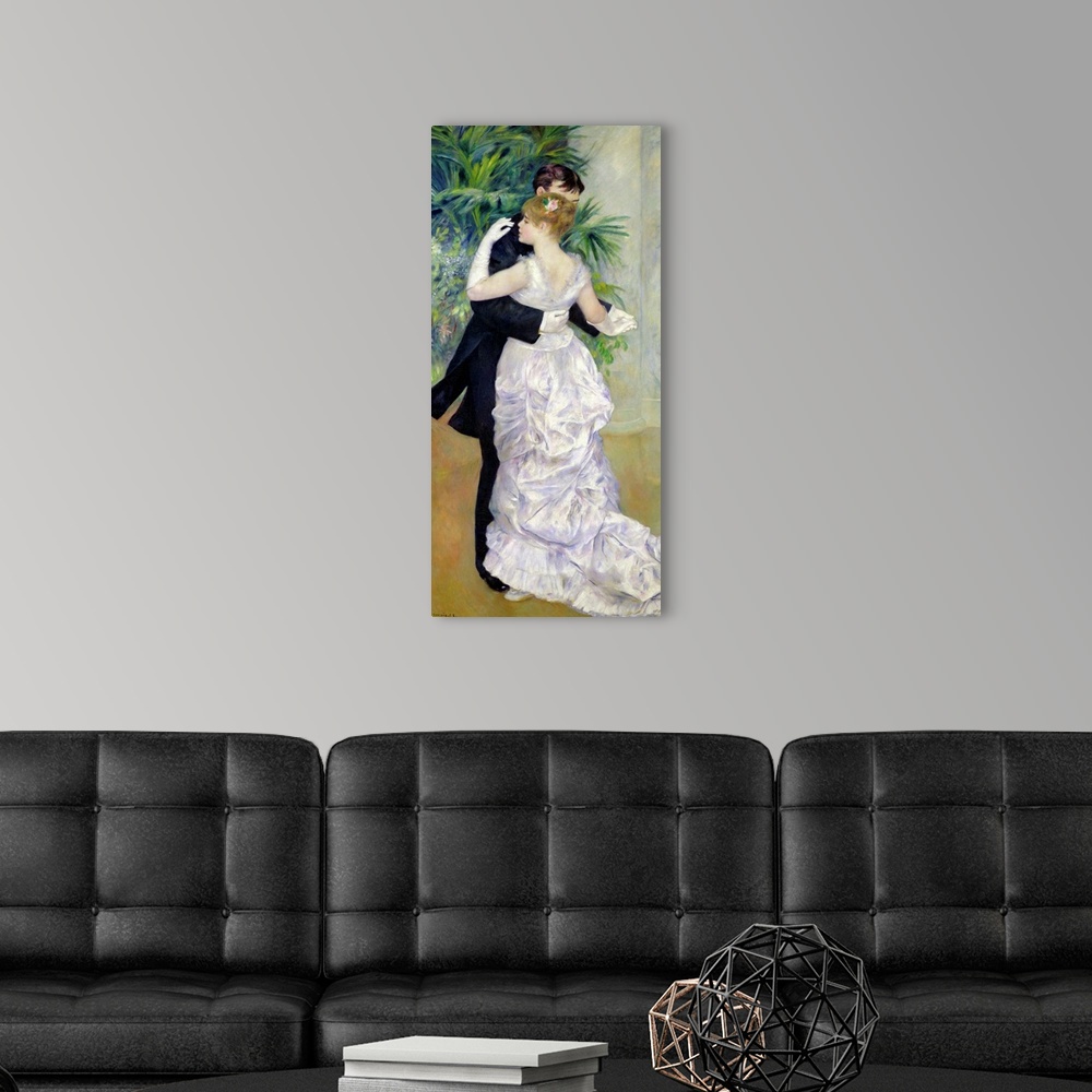 A modern room featuring Big, vertical classic painting of a bride and groom dancing in front of greenery and pillars.
