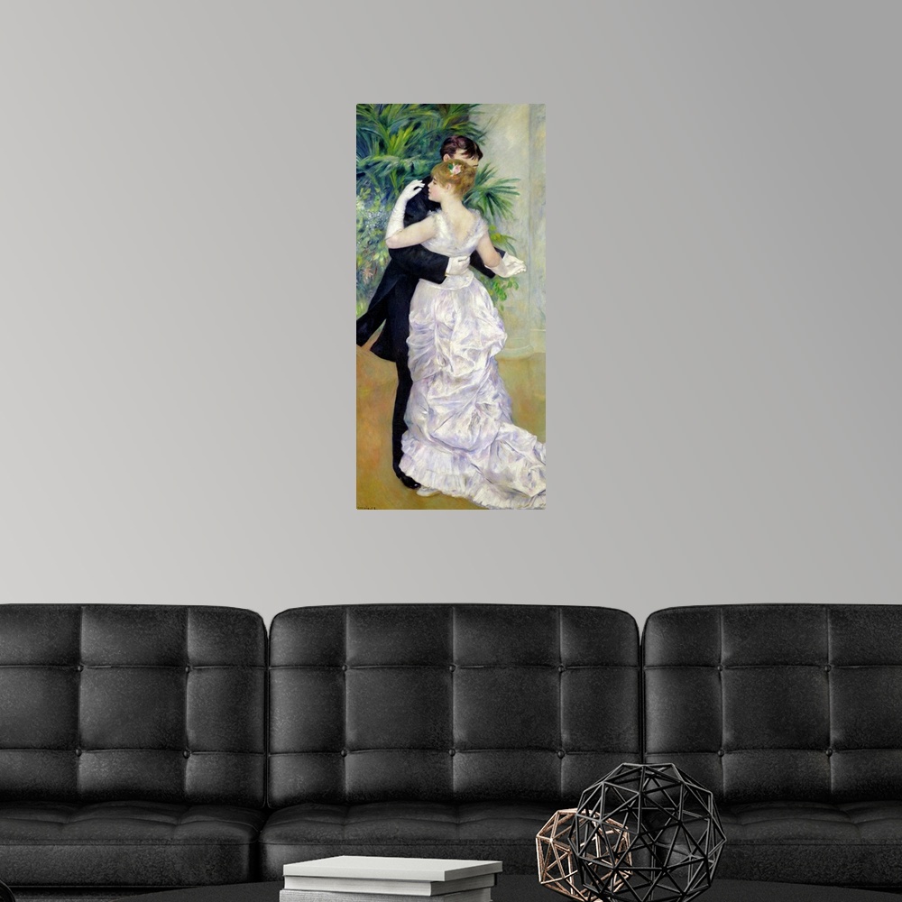 A modern room featuring Big, vertical classic painting of a bride and groom dancing in front of greenery and pillars.