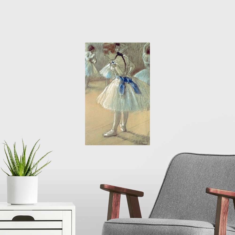 A modern room featuring This ballerina is drawn from the back and side as she stands with her toes pointed out and her ha...