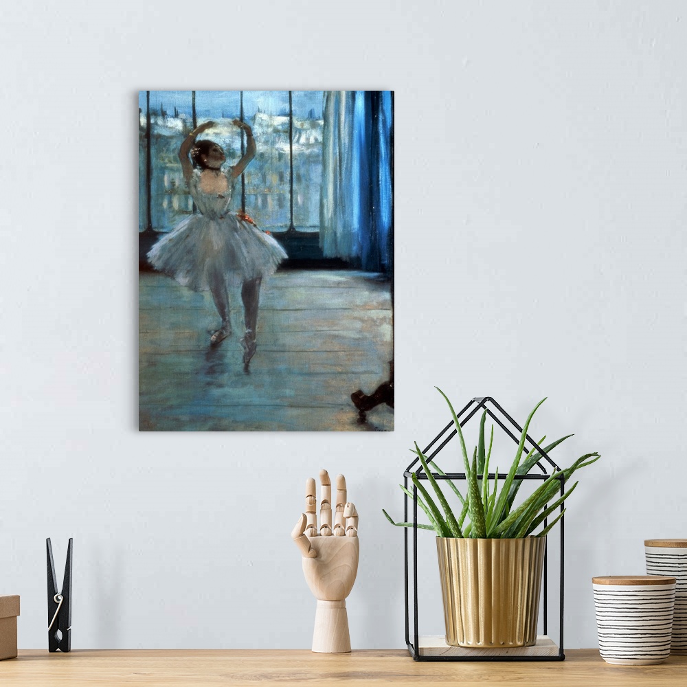 A bohemian room featuring Painting by Edgar Degas of a single ballerina practicing by a window.