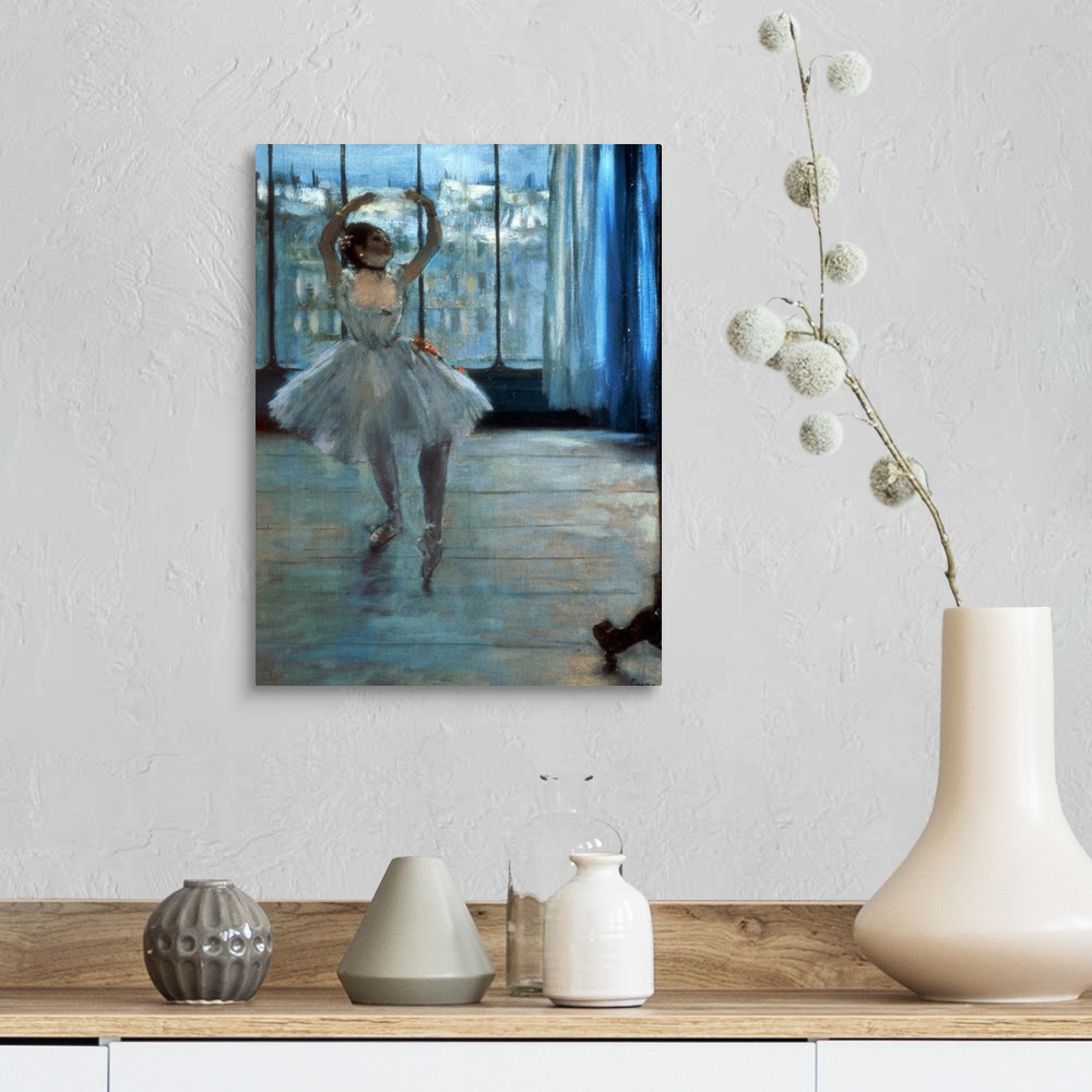 A farmhouse room featuring Painting by Edgar Degas of a single ballerina practicing by a window.