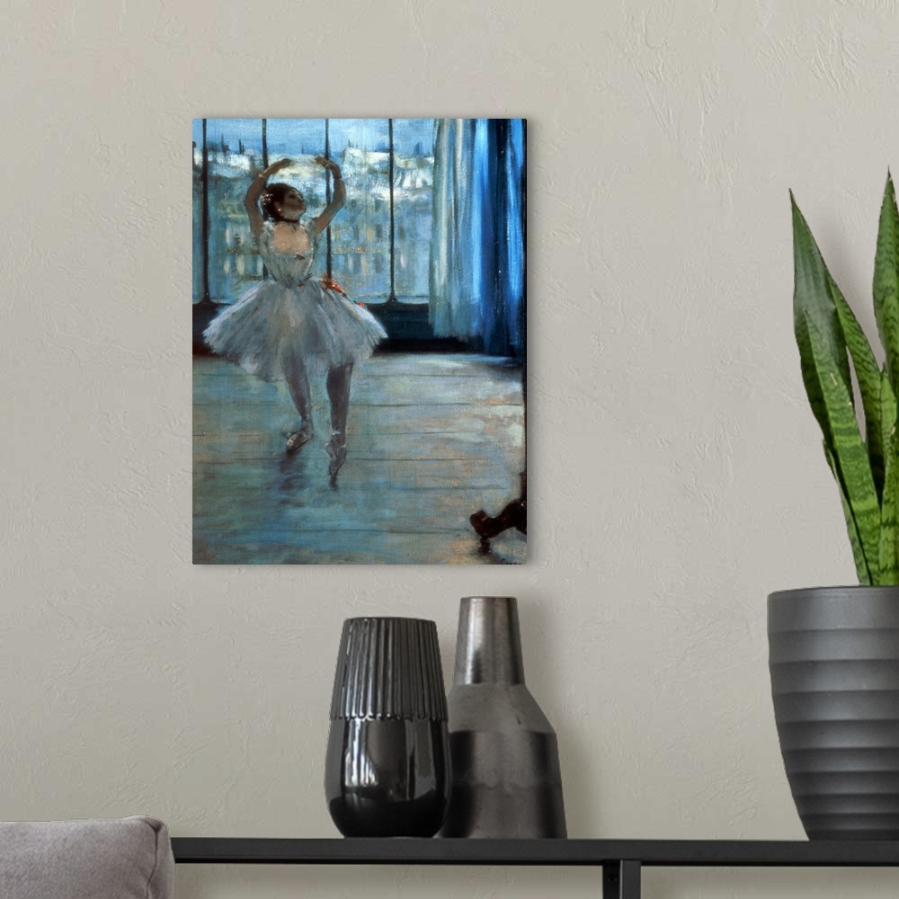 A modern room featuring Painting by Edgar Degas of a single ballerina practicing by a window.
