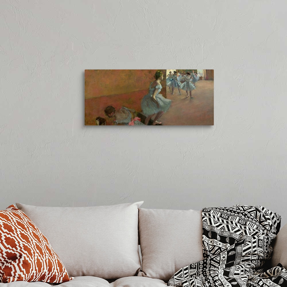 A bohemian room featuring Painting by Edgar Degas of ballerinas practicing in a room while other dancers climb stairs to jo...