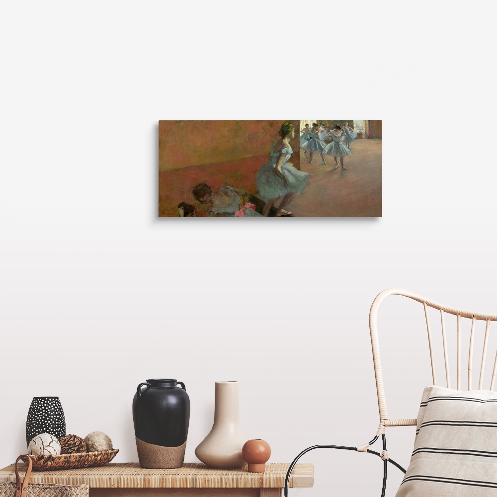A farmhouse room featuring Painting by Edgar Degas of ballerinas practicing in a room while other dancers climb stairs to jo...
