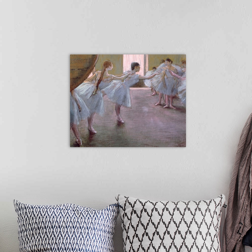 A bohemian room featuring Landscape classic painting on a big canvas of a large group of ballet dancers as they practice to...