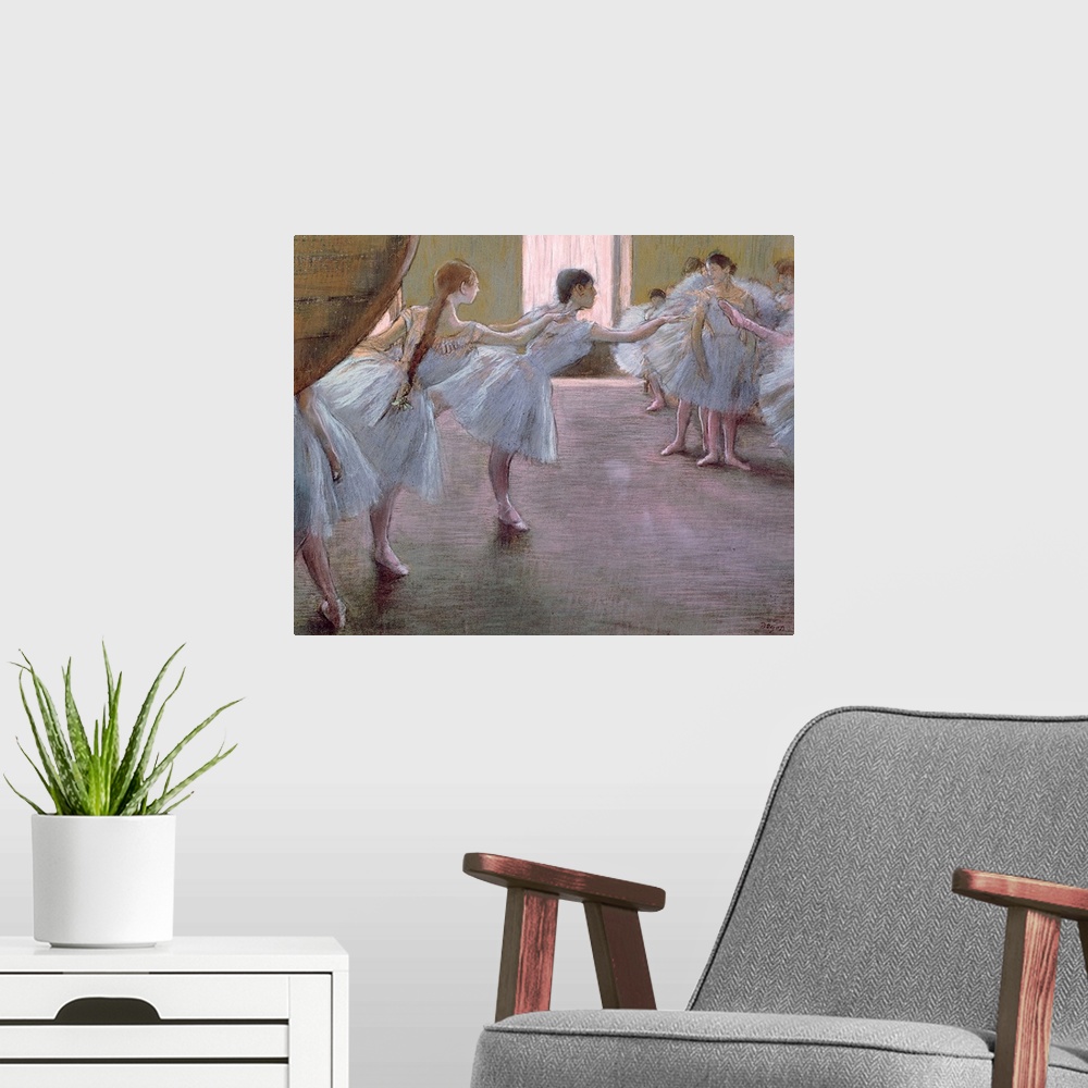 A modern room featuring Landscape classic painting on a big canvas of a large group of ballet dancers as they practice to...