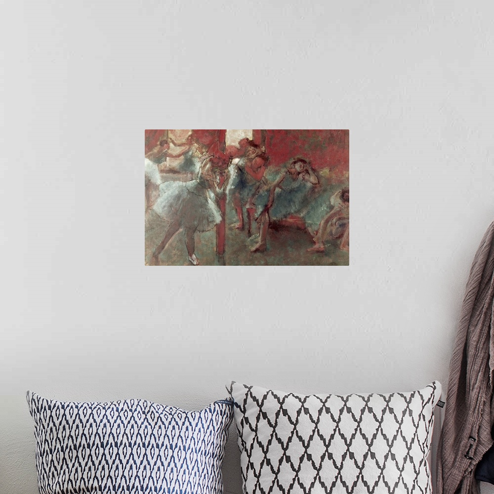 A bohemian room featuring A large classic artwork piece of ballerinas in a dance studio with some practicing while others a...