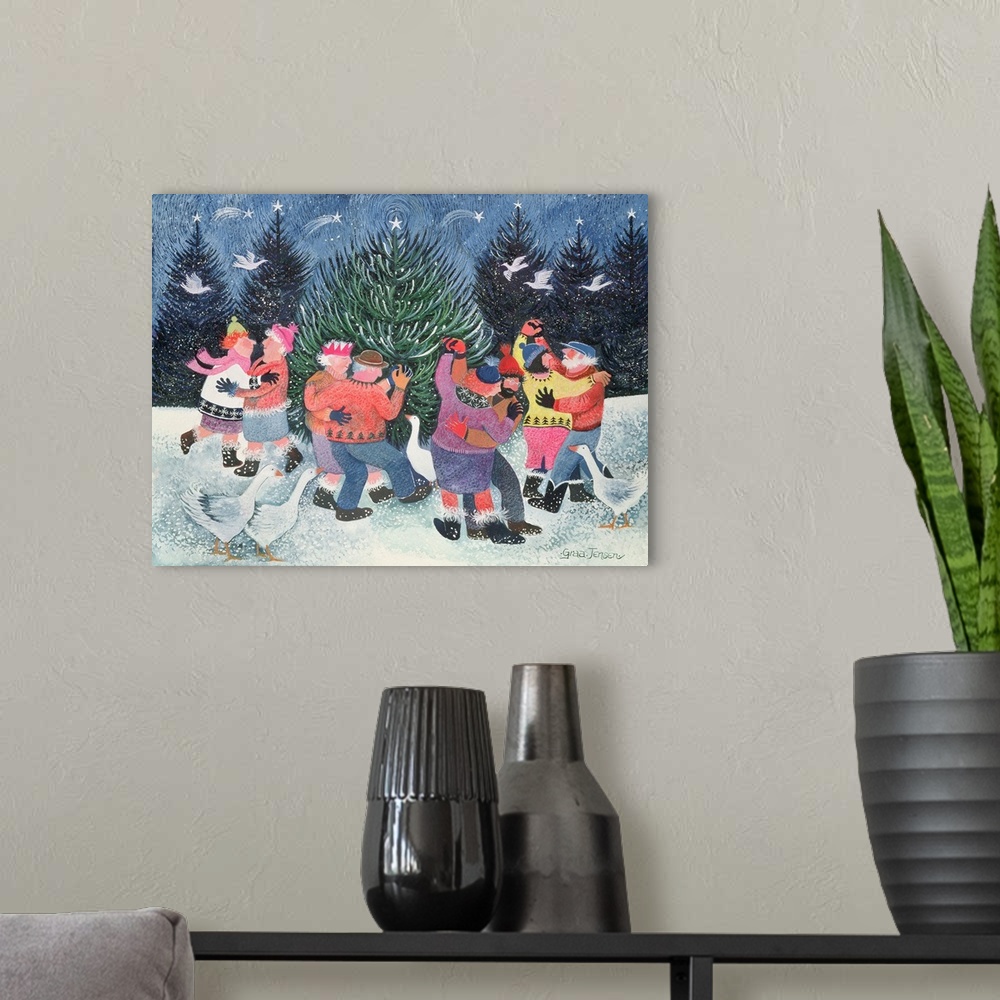 A modern room featuring Contemporary painting of couples dancing around a tree in the winter.