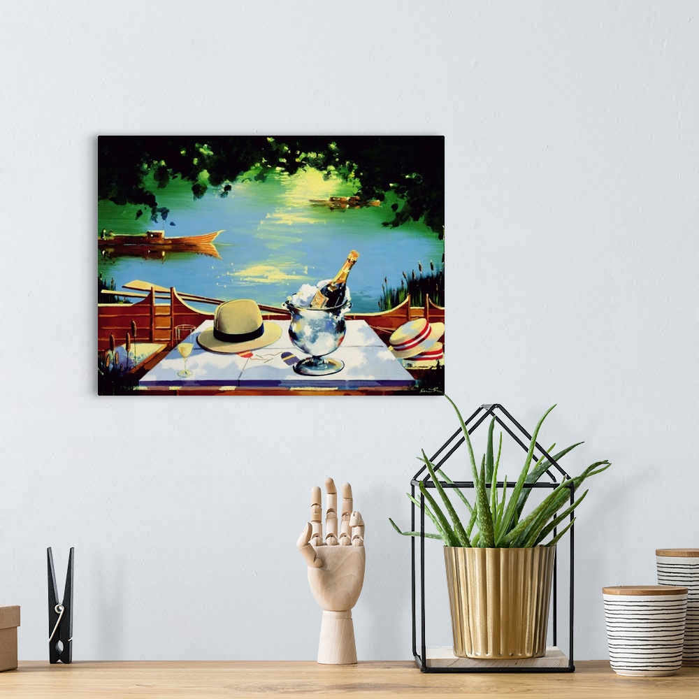 A bohemian room featuring Contemporary still life painting with a hat and champagne.