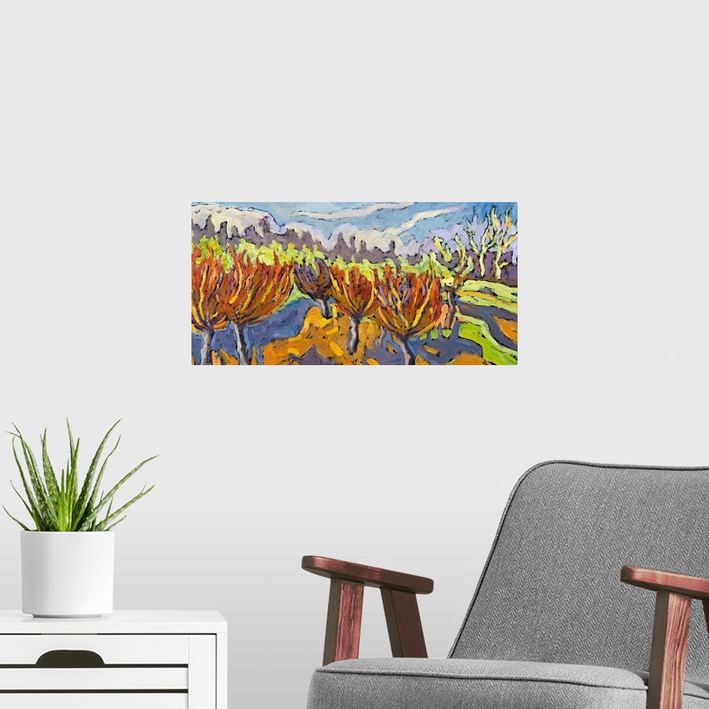 A modern room featuring An abstract artwork piece of willow trees in a field. Various colors are used and applied in wave...