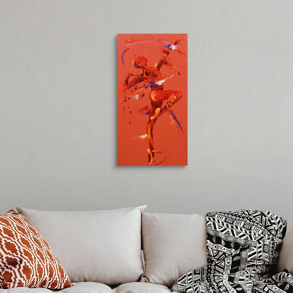A bohemian room featuring Contemporary painting using warm red tones to create a dancing figure.