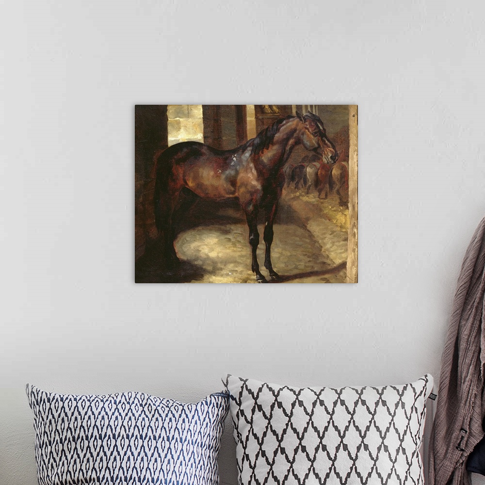 A bohemian room featuring Square, oversized classic painting  of a brown horse standing sideways in a stable.  A line of se...