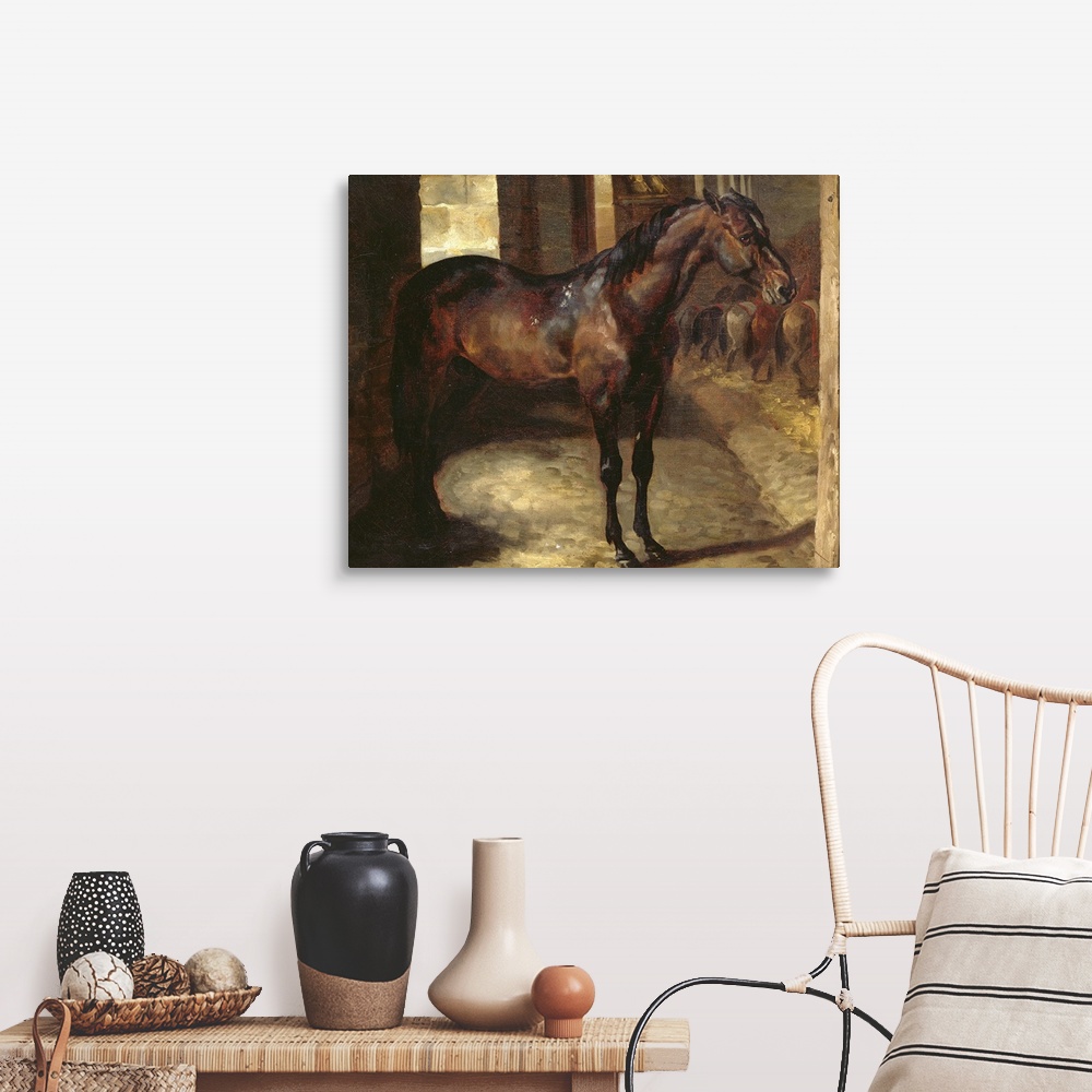 A farmhouse room featuring Square, oversized classic painting  of a brown horse standing sideways in a stable.  A line of se...