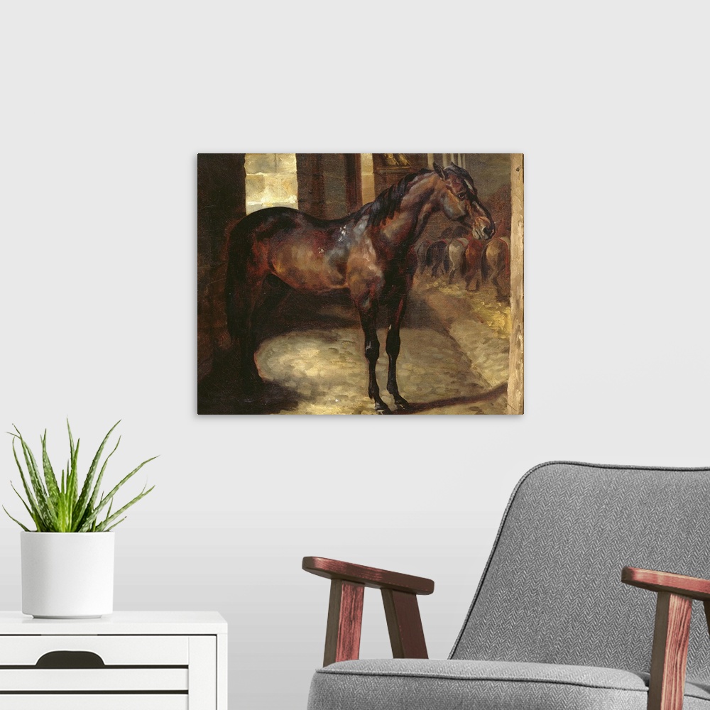 A modern room featuring Square, oversized classic painting  of a brown horse standing sideways in a stable.  A line of se...